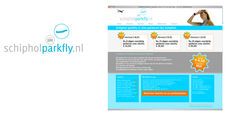Logo Schiphol Parkfly.nl en de website Parkfly.nl
